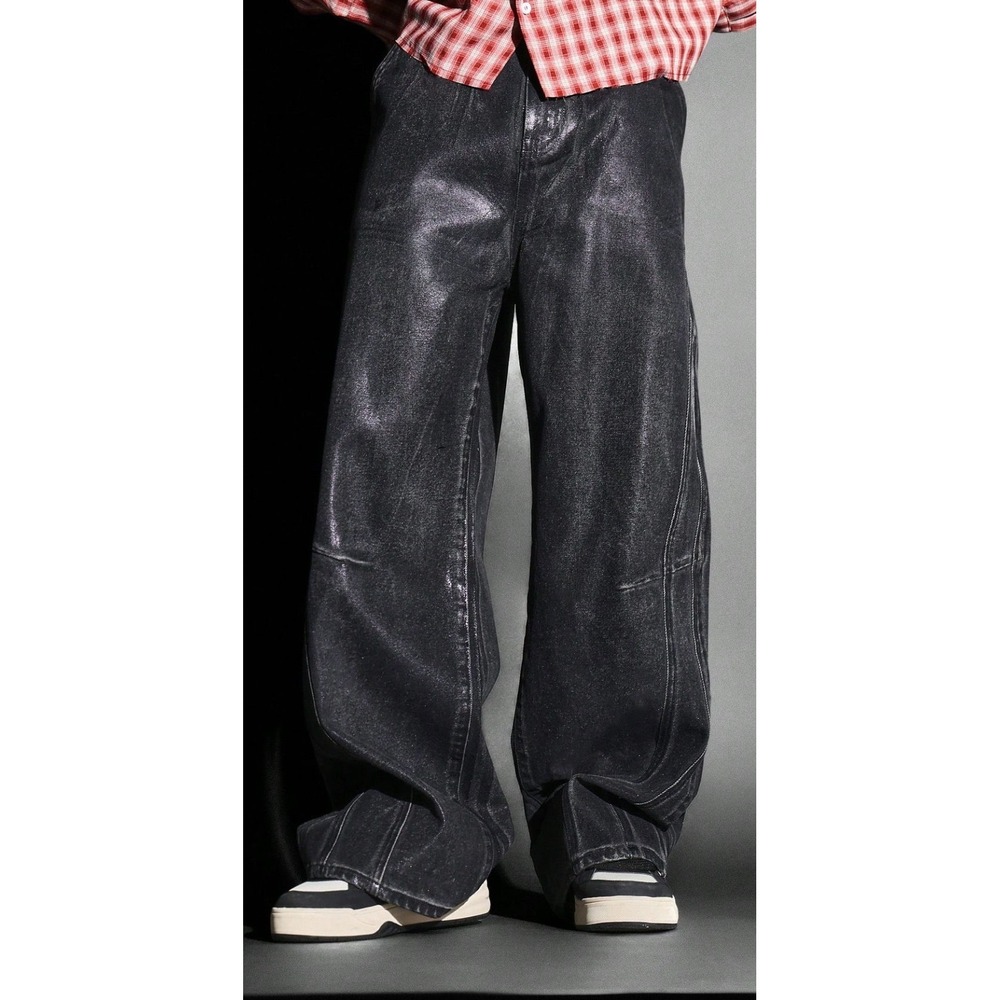 Men's Wax Coated Metallic Finish Wide Leg Baggy Denim Jeans - Black - 34Wx32.5L
